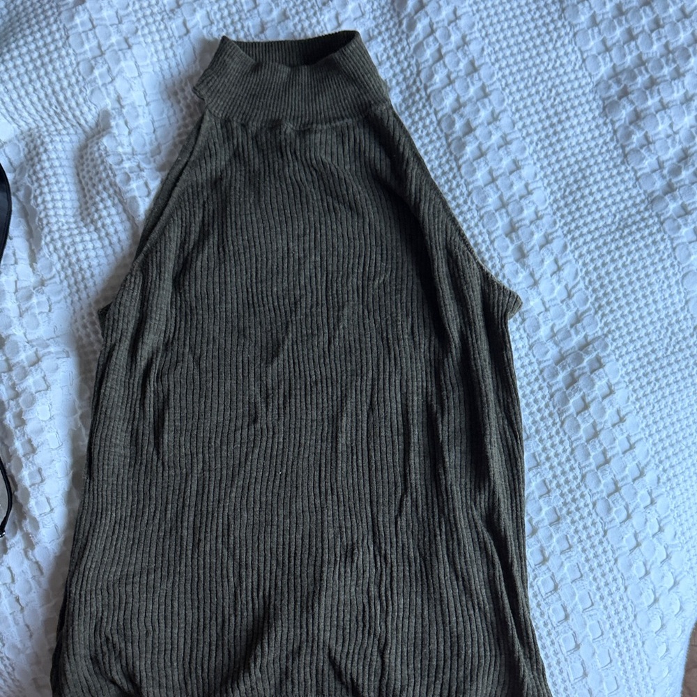 360 Sweater Olive Ribbed Mock Neck Sleeveless Top